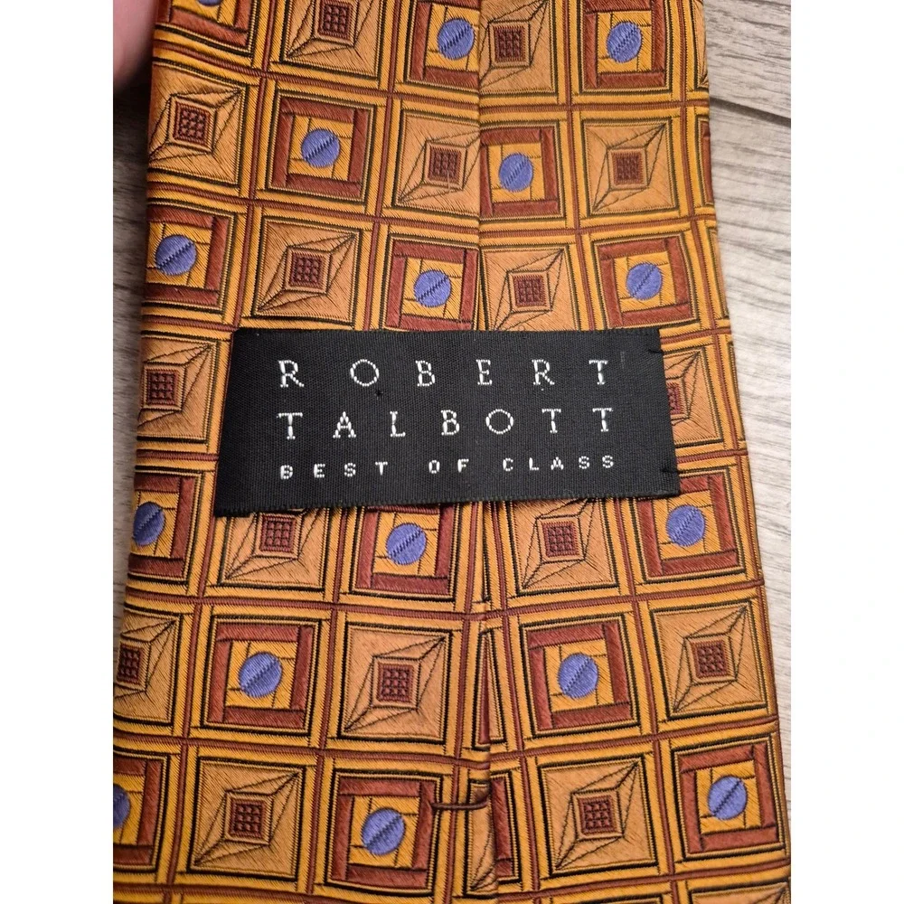 Robert Talbott Best of Class Silk‎ Tie Gold Orange Geometric Square Lavender Dot